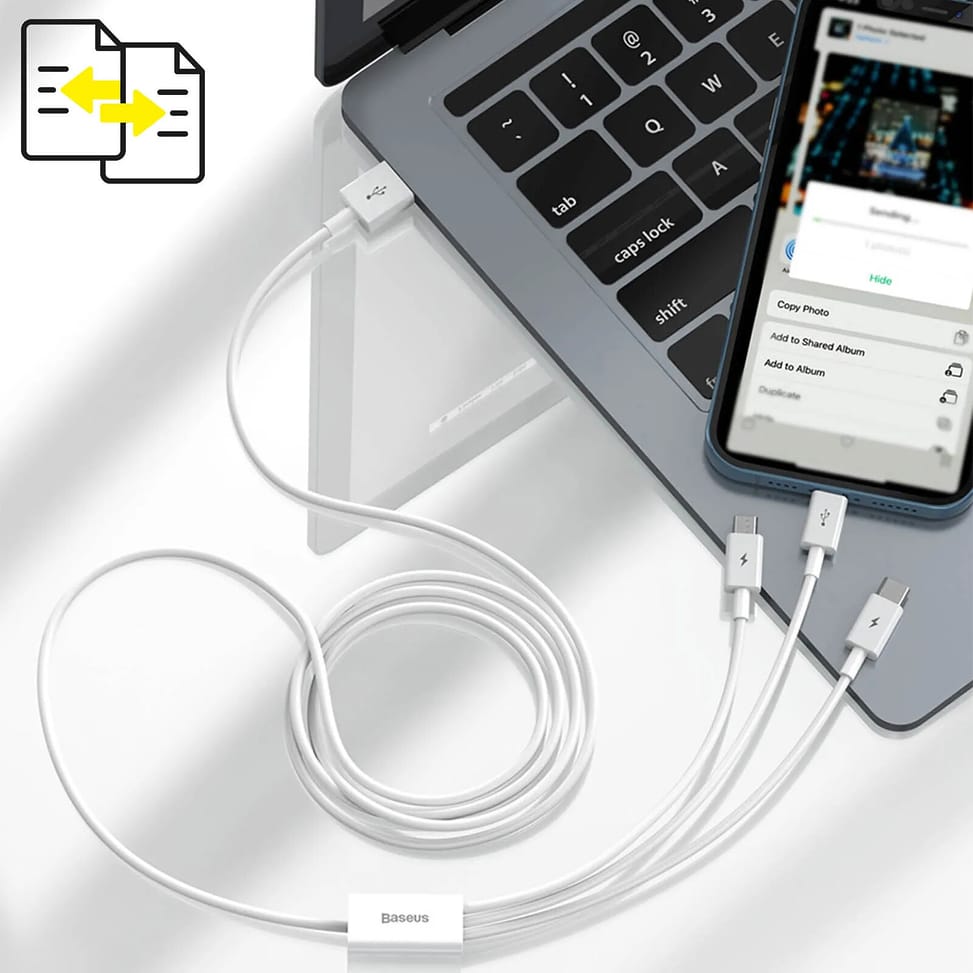 Baseus Cable 3 en 1 USB vers Lightning, USB-C et Micro USB 2.5A 15 mètres Blanc — image 5