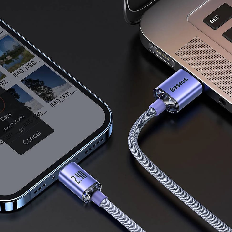 Baseus Câble Lightning vers USB 20W Modèle Crystal Shine Charge et Synchronisation 1,2m Lavande — image 4