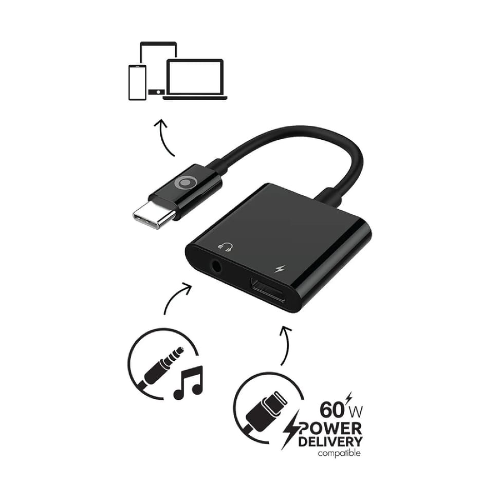 BigBen Connected Adaptateur Audio USB-C vers Jack 3.5mm et Charge USB-C 60W Compact 12cm Noir — image 2