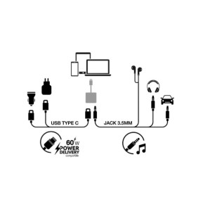 BigBen Connected Adaptateur Audio USB-C vers Jack 3.5mm et Charge USB-C 60W Compact 12cm Noir
