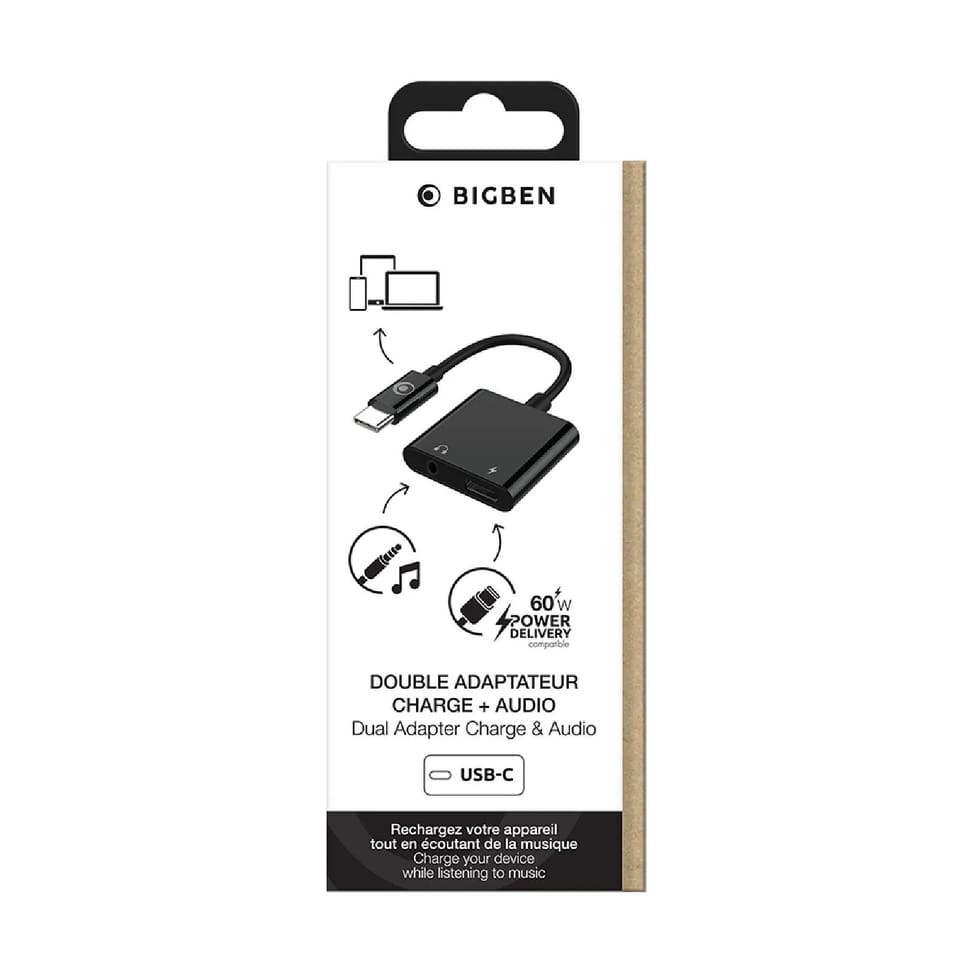 BigBen Connected Adaptateur Audio USB-C vers Jack 3.5mm et Charge USB-C 60W Compact 12cm Noir — image 4