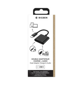 BigBen Connected Adaptateur Audio USB-C vers Jack 3.5mm et Charge USB-C 60W Compact 12cm Noir