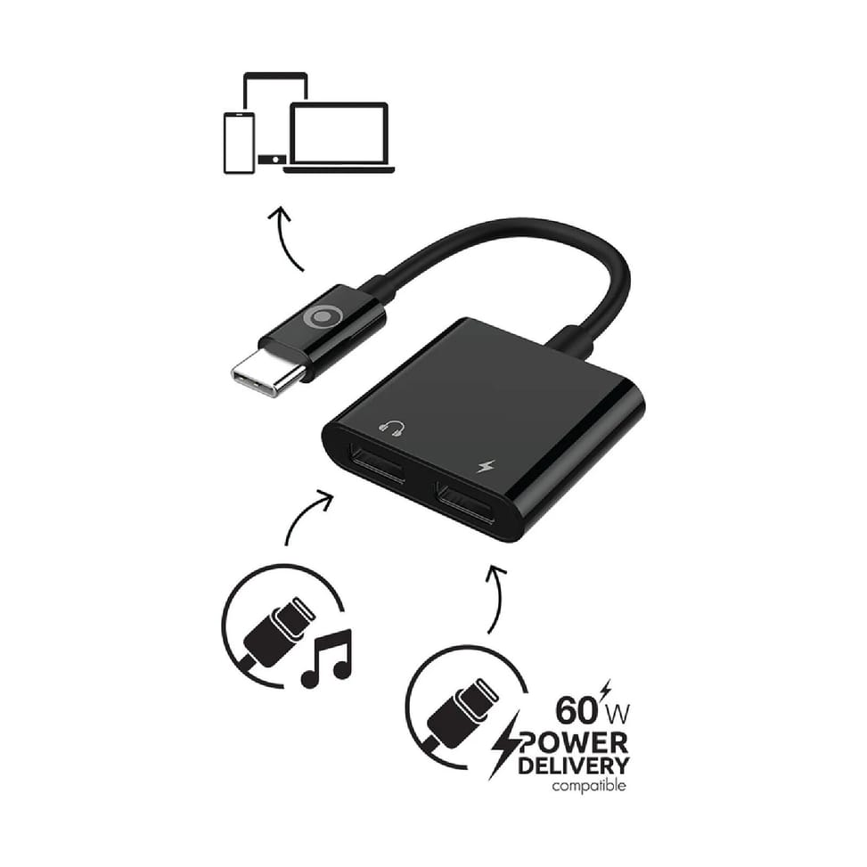 BigBen Connected Adaptateur Audio USB-C vers USB-C et Charge USB-C 60W Compact 12cm Noir — image 2