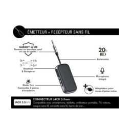 FORCE PLAY Adaptateur Audio Bluetooth 2-en-1 Emetteur et Récepteur Jack 3.5mm Noir