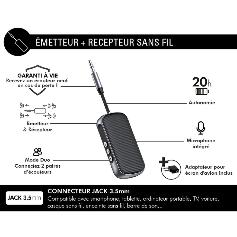 FORCE PLAY Adaptateur Audio Bluetooth 2-en-1 Emetteur et Récepteur Jack 3.5mm Noir — image 2