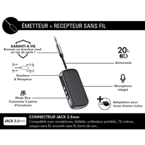 FORCE PLAY Adaptateur Audio Bluetooth 2-en-1 Emetteur et Récepteur Jack 3.5mm Noir — image 2