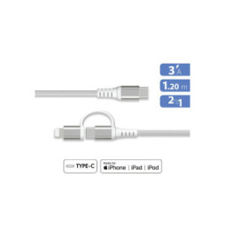 Force Power Câble 2 en 1 USB-C/Lightning MFi vers USB-C 3A PD 60W Renforcé 1,2m Blanc