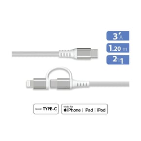 Force Power Câble 2 en 1 USB-C/Lightning MFi vers USB-C 3A PD 60W Renforcé 1,2m Blanc — image 2
