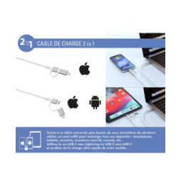 Force Power Câble 2 en 1 USB-C/Lightning MFi vers USB-C 3A PD 60W Renforcé 1,2m Blanc