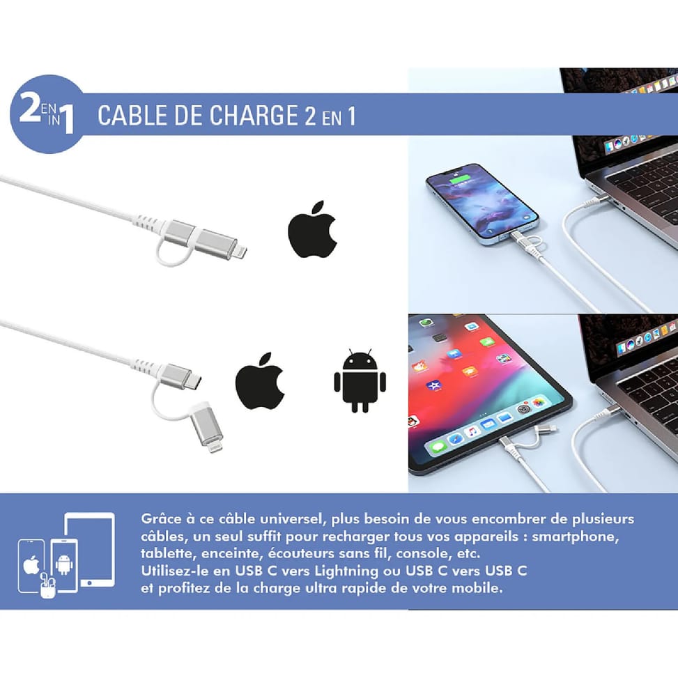 Force Power Câble 2 en 1 USB-C/Lightning MFi vers USB-C 3A PD 60W Renforcé 1,2m Blanc — image 3