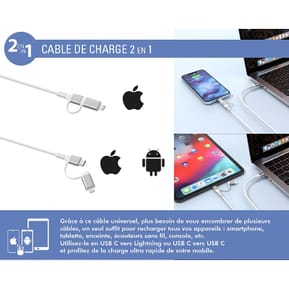 Force Power Câble 2 en 1 USB-C/Lightning MFi vers USB-C 3A PD 60W Renforcé 1,2m Blanc — image 3