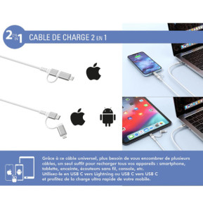 Force Power Câble 2 en 1 USB-C/Lightning MFi vers USB-C 3A PD 60W Renforcé 1,2m Blanc