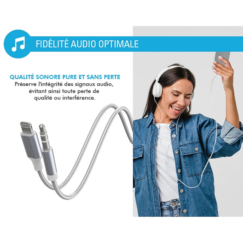 Force Power Câble Audio Lightning vers Jack 3.5mm en Nylon Tissé Renforcé 1,2m Blanc — image 3