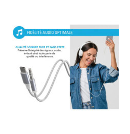 Force Power Câble Audio USB-C vers Jack 3.5mm en Nylon Tissé Renforcé 1,2m Blanc