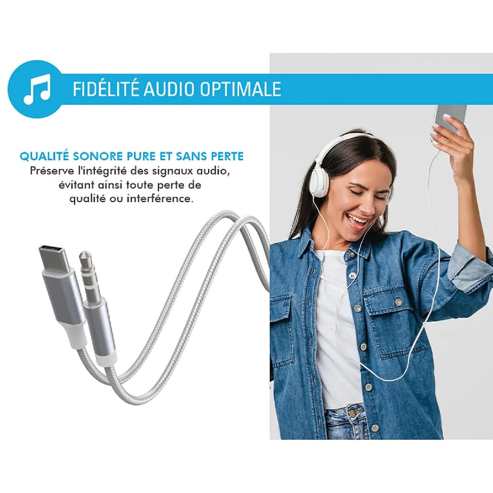 Force Power Câble Audio USB-C vers Jack 3.5mm en Nylon Tissé Renforcé 1,2m Blanc — image 3