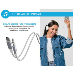 Force Power Câble Audio USB-C vers Jack 3.5mm en Nylon Tissé Renforcé 1,2m Blanc