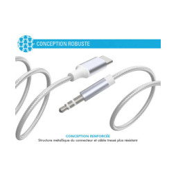Force Power Câble Audio USB-C vers Jack 3.5mm en Nylon Tissé Renforcé 1,2m Blanc