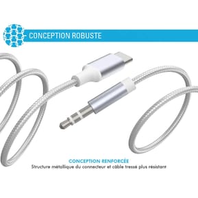 Force Power Câble Audio USB-C vers Jack 3.5mm en Nylon Tissé Renforcé 1,2m Blanc — image 4