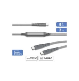 Force Power Câble Duo USB-C vers USB-C 100W 5A Ultra-Renforcé Charge et Synchronisation 2m Gris