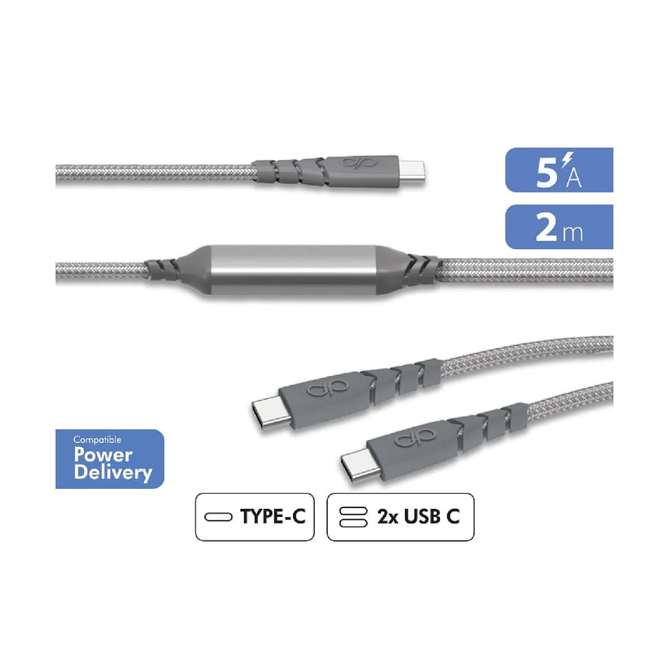 Force Power Câble Duo USB-C vers USB-C 100W 5A Ultra-Renforcé Charge et Synchronisation 2m Gris — image 2