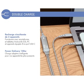 Force Power Câble Duo USB-C vers USB-C 100W 5A Ultra-Renforcé Charge et Synchronisation 2m Gris — image 3
