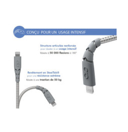 Force Power Câble Lightning MFi vers USB-C 3A Ultra-Renforcé Charge et Synchronisation 2m Gris
