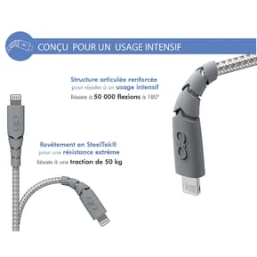 Force Power Câble Lightning MFi vers USB-C 3A Ultra-Renforcé Charge et Synchronisation 2m Gris — image 4