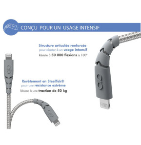 Force Power Câble Lightning MFi vers USB-C 3A Ultra-Renforcé Charge et Synchronisation 2m Gris