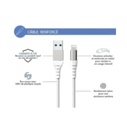 Force Power Câble Renforcé USB A / Lightning 2.4A Résistant à 12 000 Flexions MFi 1.2m Blanc
