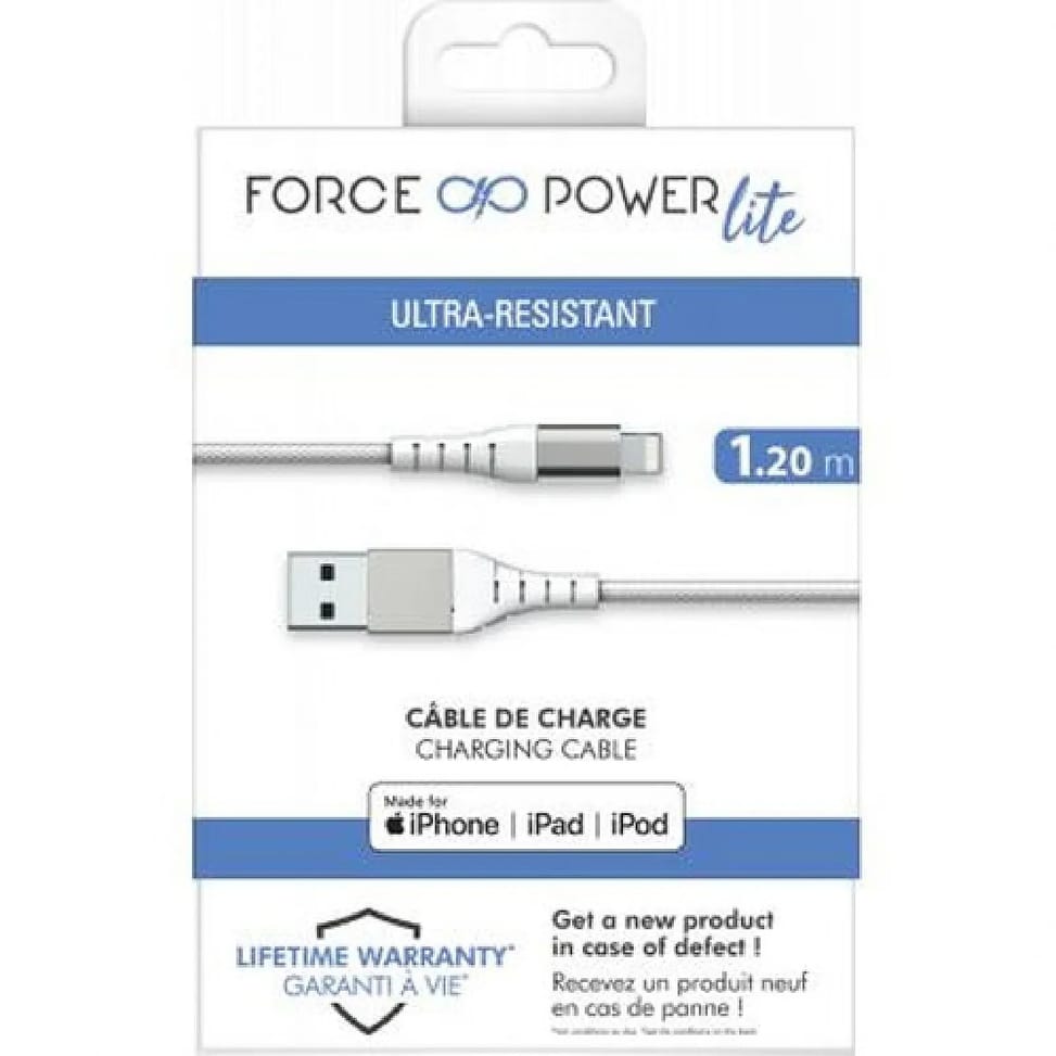 Force Power Câble Renforcé USB A / Lightning 2.4A Résistant à 12 000 Flexions MFi 1.2m Blanc — image 5