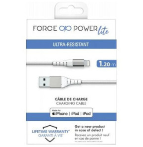 Force Power Câble Renforcé USB A / Lightning 2.4A Résistant à 12 000 Flexions MFi 1.2m Blanc
