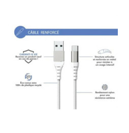 Force Power Câble Renforcé USB A / USB C 1.2m 3A 15W Résistant à 12 000 Flexions Blanc