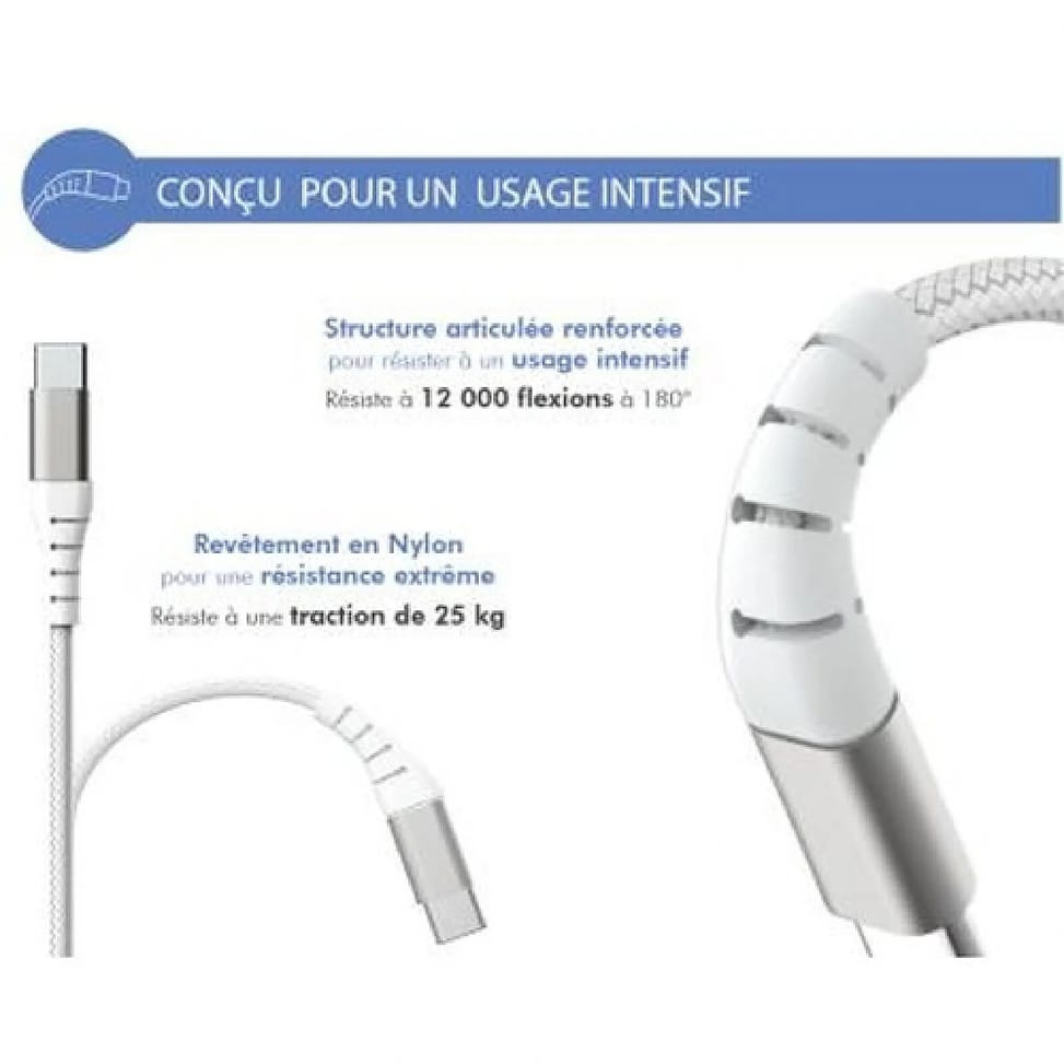 Force Power Câble Renforcé USB A / USB C 1.2m 3A 15W Résistant à 12 000 Flexions Blanc — image 3