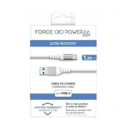 Force Power Câble Renforcé USB A / USB C 1.2m 3A 15W Résistant à 12 000 Flexions Blanc