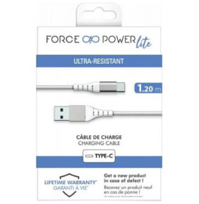 Force Power Câble Renforcé USB A / USB C 1.2m 3A 15W Résistant à 12 000 Flexions Blanc