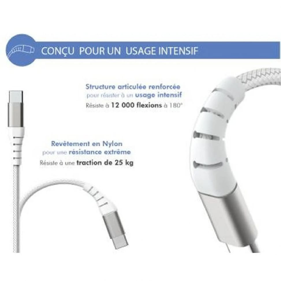 Force Power Câble Renforcé USB A/Lightning 2m - 2.4A Blanc Blanc — image 3