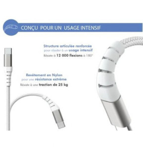 Force Power Câble Renforcé USB A/Lightning 2m - 2.4A Blanc Blanc