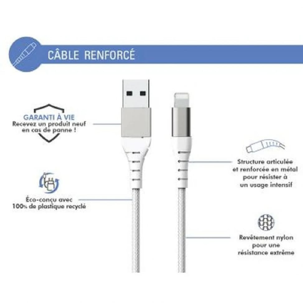 Force Power Câble Renforcé USB A/Lightning 3m - 2.4A Blanc Blanc — image 2