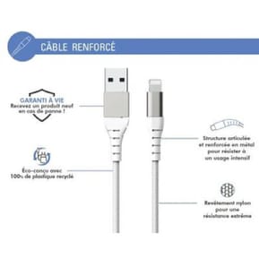 Force Power Câble Renforcé USB A/Lightning 3m - 2.4A Blanc Blanc — image 2