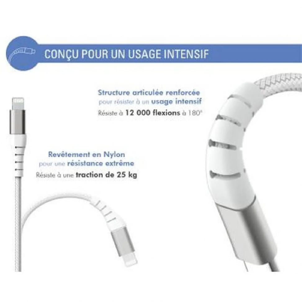Force Power Câble Renforcé USB A/Lightning 3m - 2.4A Blanc Blanc — image 3