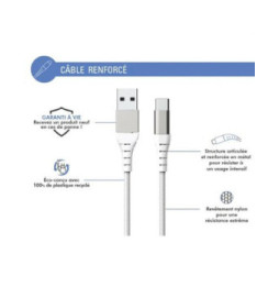 Force Power Câble Renforcé USB A/USB C 3m - 3A Blanc Blanc