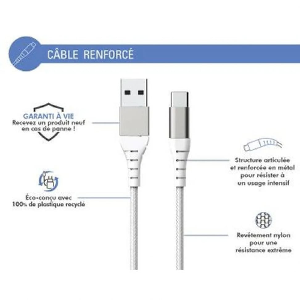 Force Power Câble Renforcé USB A/USB C 3m - 3A Blanc Blanc — image 2