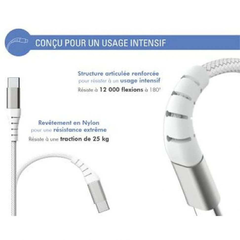 Force Power Câble Renforcé USB A/USB C 3m - 3A Blanc Blanc — image 3