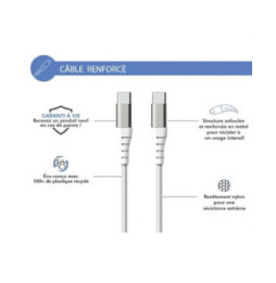 Force Power Câble Renforcé USB C / USB C 3A 60W Résistant à 12 000 Flexions 1.2m Blanc