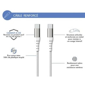Force Power Câble Renforcé USB C / USB C 3A 60W Résistant à 12 000 Flexions 1.2m Blanc — image 2