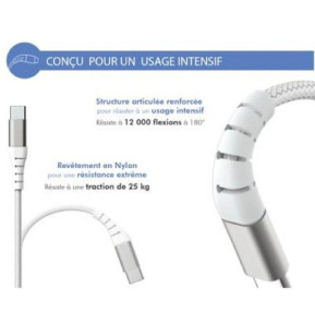 Force Power Câble Renforcé USB C / USB C 3A 60W Résistant à 12 000 Flexions 1.2m Blanc