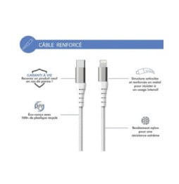 Force Power Câble Renforcé USB C/Lightning 1,2m - 3A Blanc