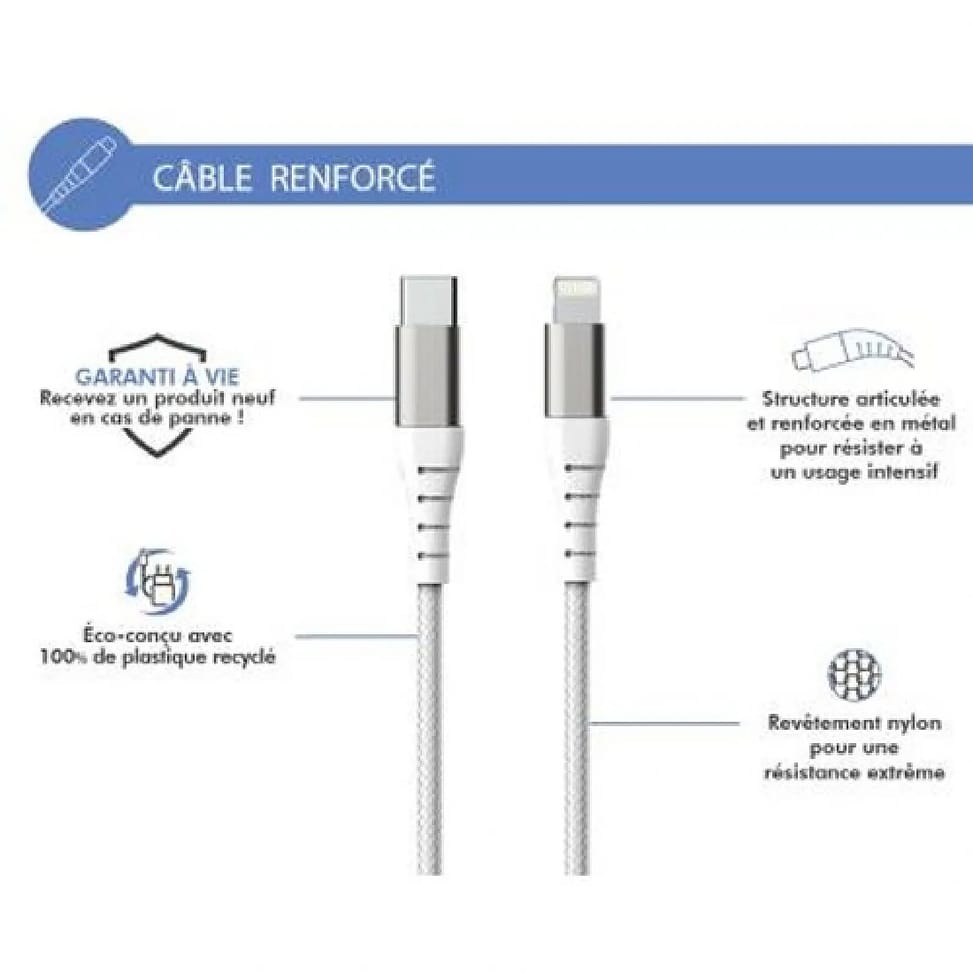 Force Power Câble Renforcé USB C/Lightning 1,2m - 3A Blanc — image 2