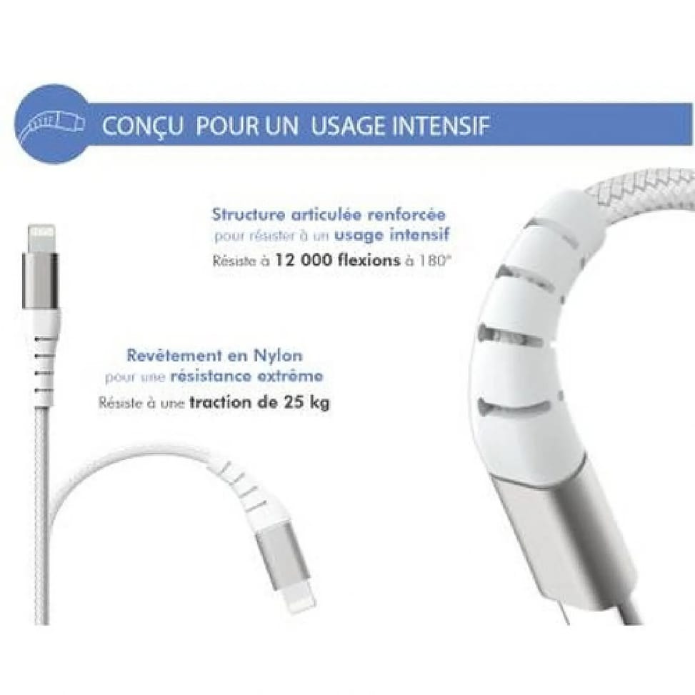 Force Power Câble Renforcé USB C/Lightning 1,2m - 3A Blanc — image 3