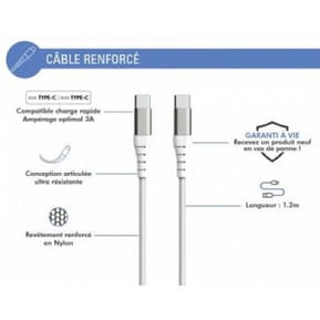 Force Power Câble Renforcé USB C/USB C 2m - 3A Blanc — image 2